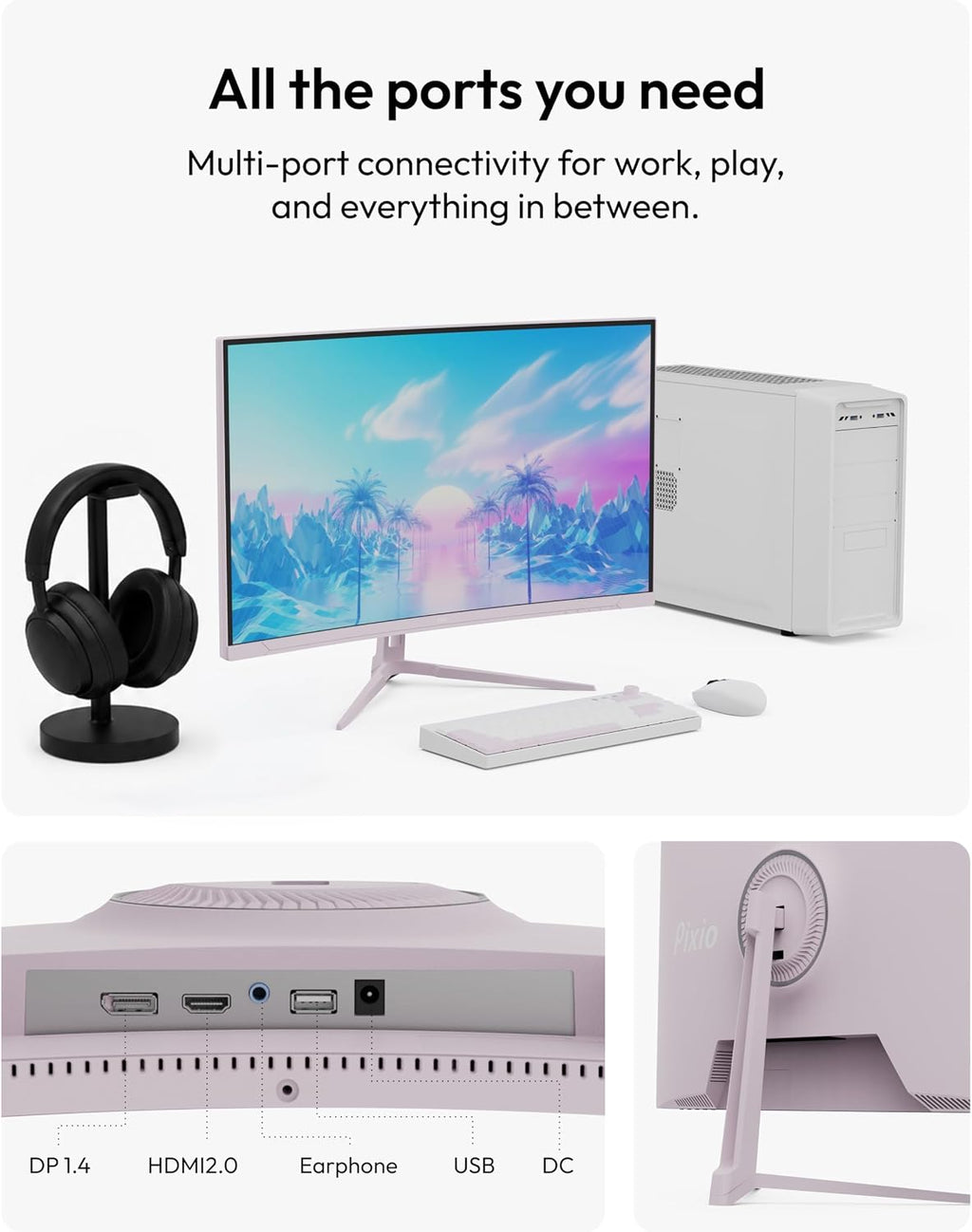 Pixio PXC248 Wave Pink 24 inch 200Hz Refresh Rate FHD 1080p Resolution 1500R Curve Fast VA Panel 1ms GTG Response Time Adaptive Sync HDR Curved Gaming Monitor