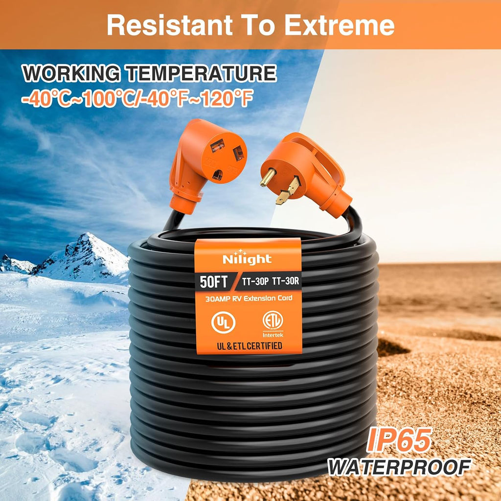 Nilight 50FT 30 Amp RV Extension Cord with Adapter 15Amp to 30Amp 125V Heavy Duty 10/3 Gauge Pure Copper STW Wire UL ETL Listed 3 Prong TT-30P TT-30R Weatherproof Suit for Generators Campers