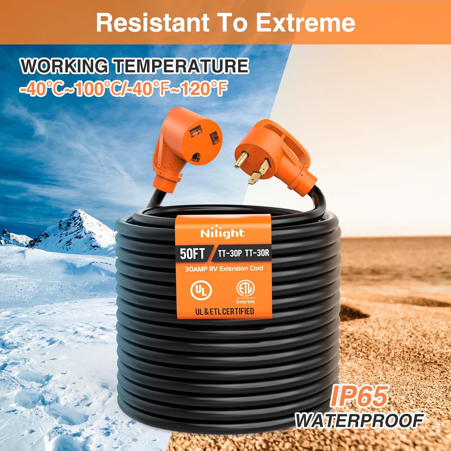 Nilight 50FT 30 Amp RV Extension Cord with Adapter 15Amp to 30Amp 125V Heavy Duty 10/3 Gauge Pure Copper STW Wire UL ETL Listed 3 Prong TT-30P TT-30R Weatherproof Suit for Generators Campers