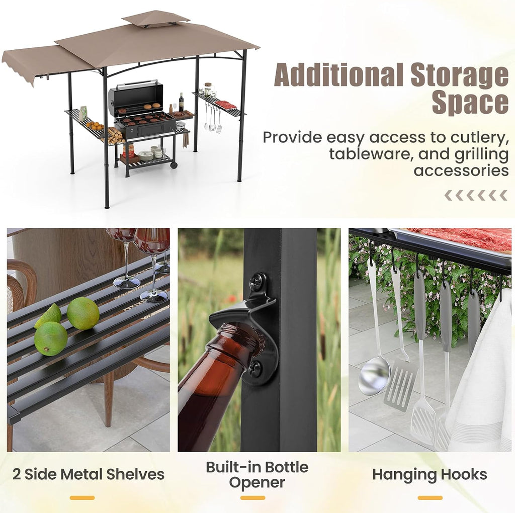HAPPYGRILL Outdoor Grill Gazebo Canopy 11 x 5 FT, Barbecue Canopy with Double-Tiered Top, 2 Side Shelves, Hanging Hooks, Bottle Opener, Metal Frame, BBQ Grilling Shelter