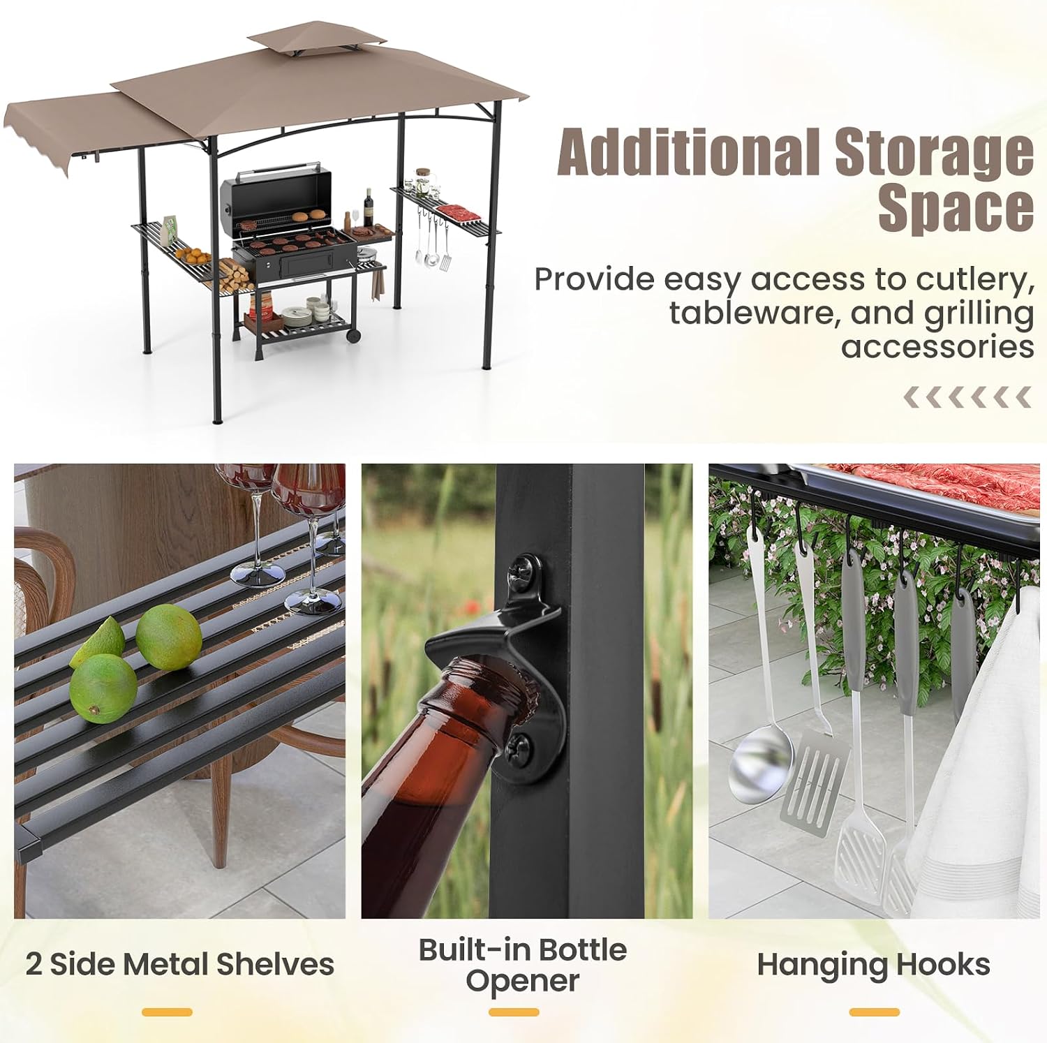 HAPPYGRILL Outdoor Grill Gazebo Canopy 11 x 5 FT, Barbecue Canopy with Double-Tiered Top, 2 Side Shelves, Hanging Hooks, Bottle Opener, Metal Frame, BBQ Grilling Shelter