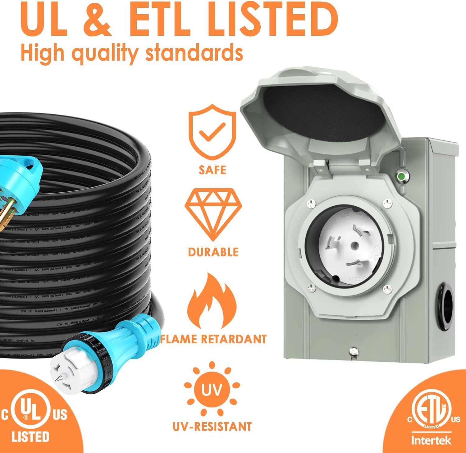 50 Amp 100 Feet Generator Cord and Power Inlet Box Combo Kit NEMA 14-50P Male to SS2-50R STW 6/3+8/1 AWG 125/250V Twist Locking with Inlet Box for Generator to House, UL Listed