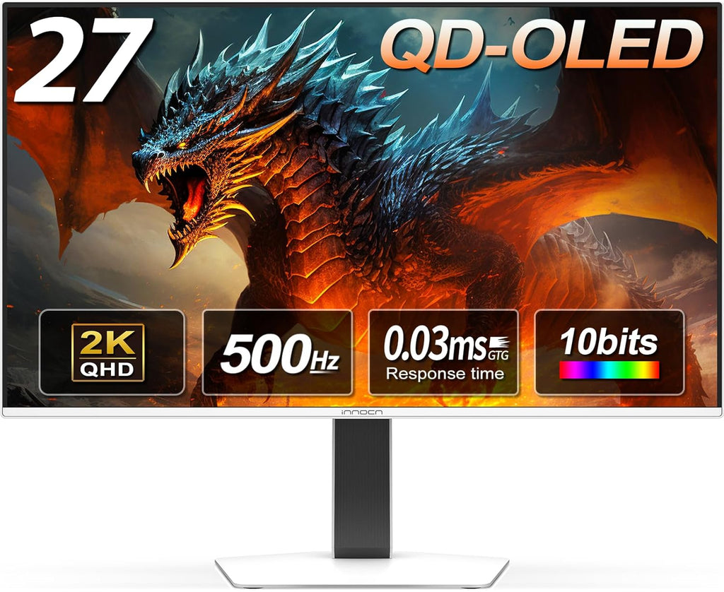 INNOCN 27' OLED 2K QHD 2560 x 1440p 500Hz Gaming Monitor, Gaming Console Ready, VRR, G-SYNC Compatible, HDR 500, 0.03ms, FPS/RTS, HDMI 2.1, DP, Speaker, Pivot Adjustable Stand - GA27M1Q
