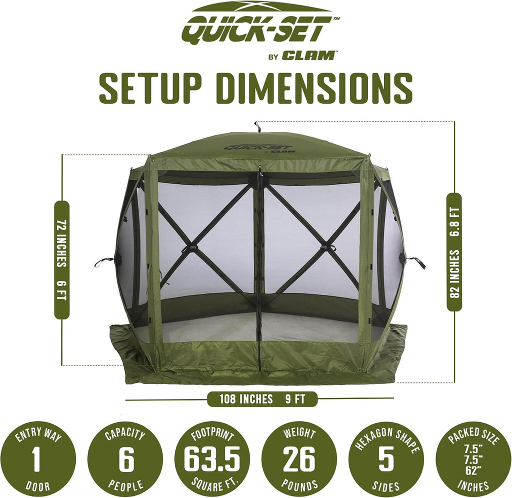 CLAM Quick-Set Pop Up Screen Tent, Venture, 9 x 9 ft, Instant Setup Green Portable Outdoor Gazebo Canopy Shelter, Compact Bug-Free Camping Tent for Backyard, Beach, Tailgating - Green