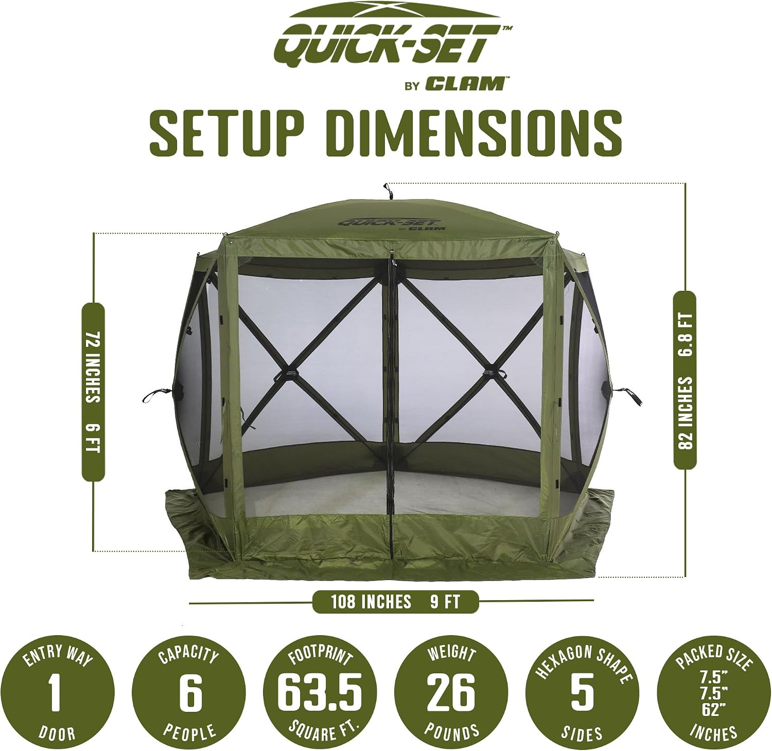 CLAM Quick-Set Pop Up Screen Tent, Venture, 9 x 9 ft, Instant Setup Green Portable Outdoor Gazebo Canopy Shelter, Compact Bug-Free Camping Tent for Backyard, Beach, Tailgating - Green