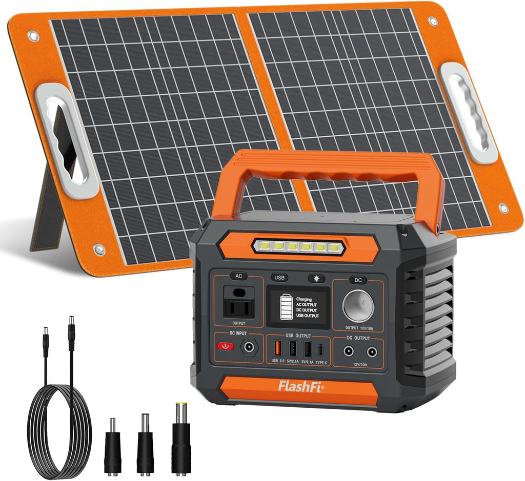 FF Flashfish Solar Generator With Solar Panel, 144.3Wh/39000mAh Electri Generator With 60W Solar Panel with, Emergency Power Supply with AC/DC/USB/Type C/LED Lights for Camping, Home, Power Outage
