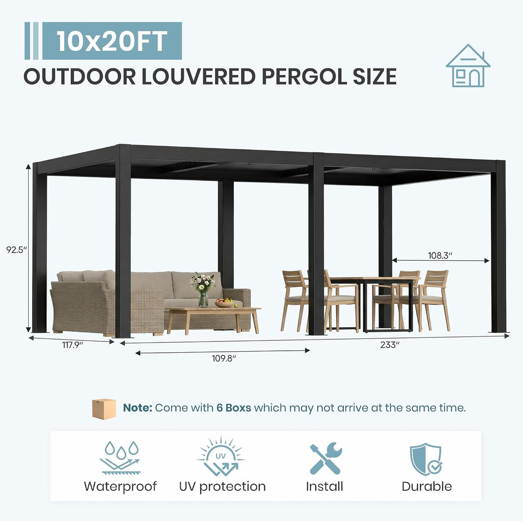 10'×20' Outdoor Louvered Pergola, Aluminum Outdoor Louvered Pergola Patio with Adjustable Roof, Gazebo for Outdoor Deck, Backyard, Garden(10x20FT)