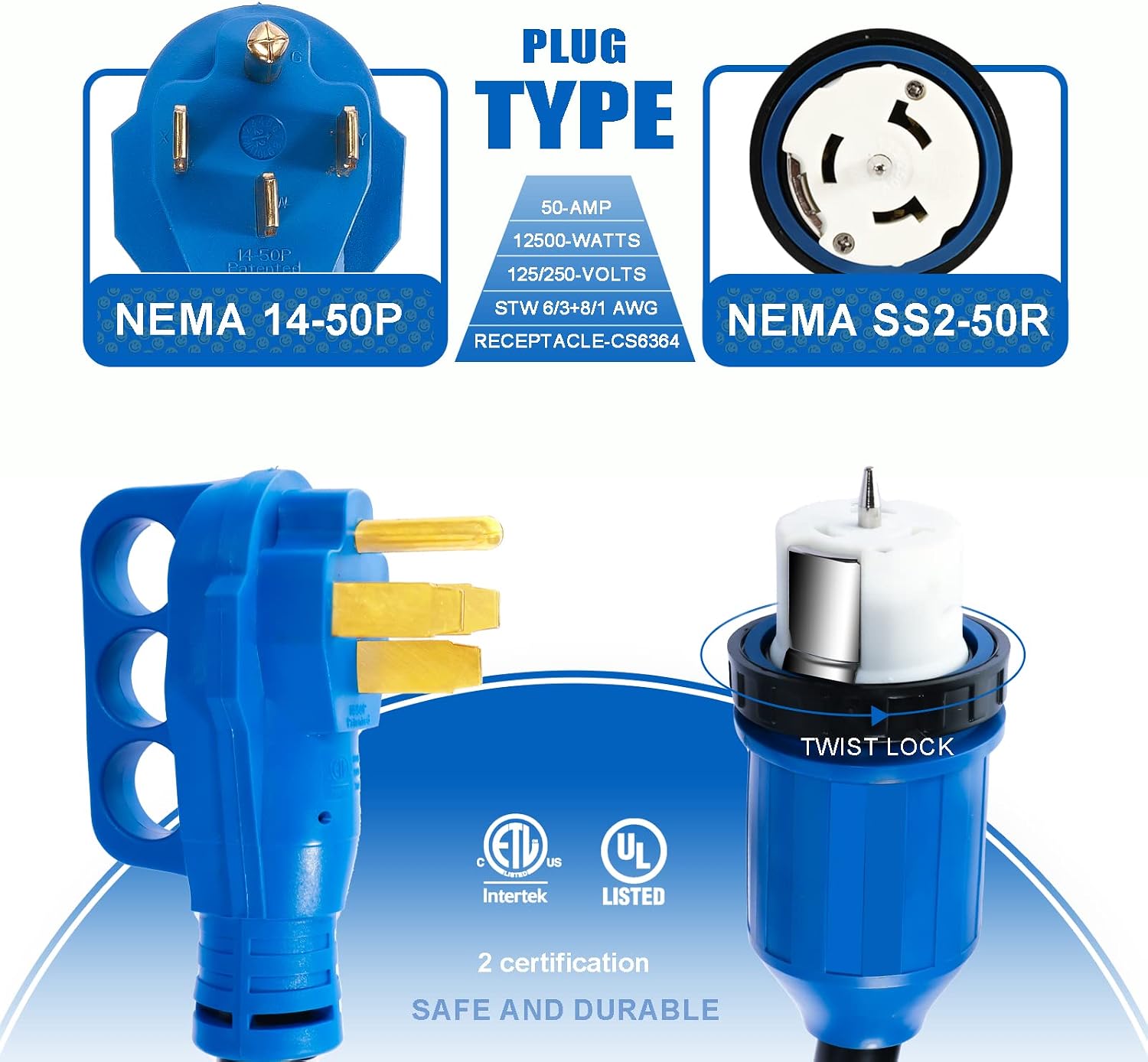 50 Amp Generator Cord and Power Inlet Box, 15FT Generator Cords 50 Amp,125V/250V Generator Power Cord NEMA14-50P/SS2-50R Twist Lock Connector