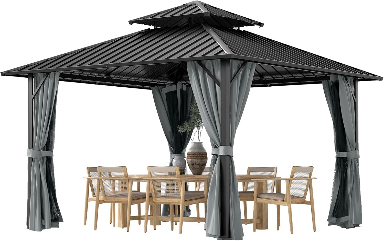 12' x 12' Hardtop Gazebo, Aluminum Frame with Double Galvanized Steel Roof,Permanent Outdoor Gazebo with Netting and Curtains for Backyard, Garden, or Deck, Gray