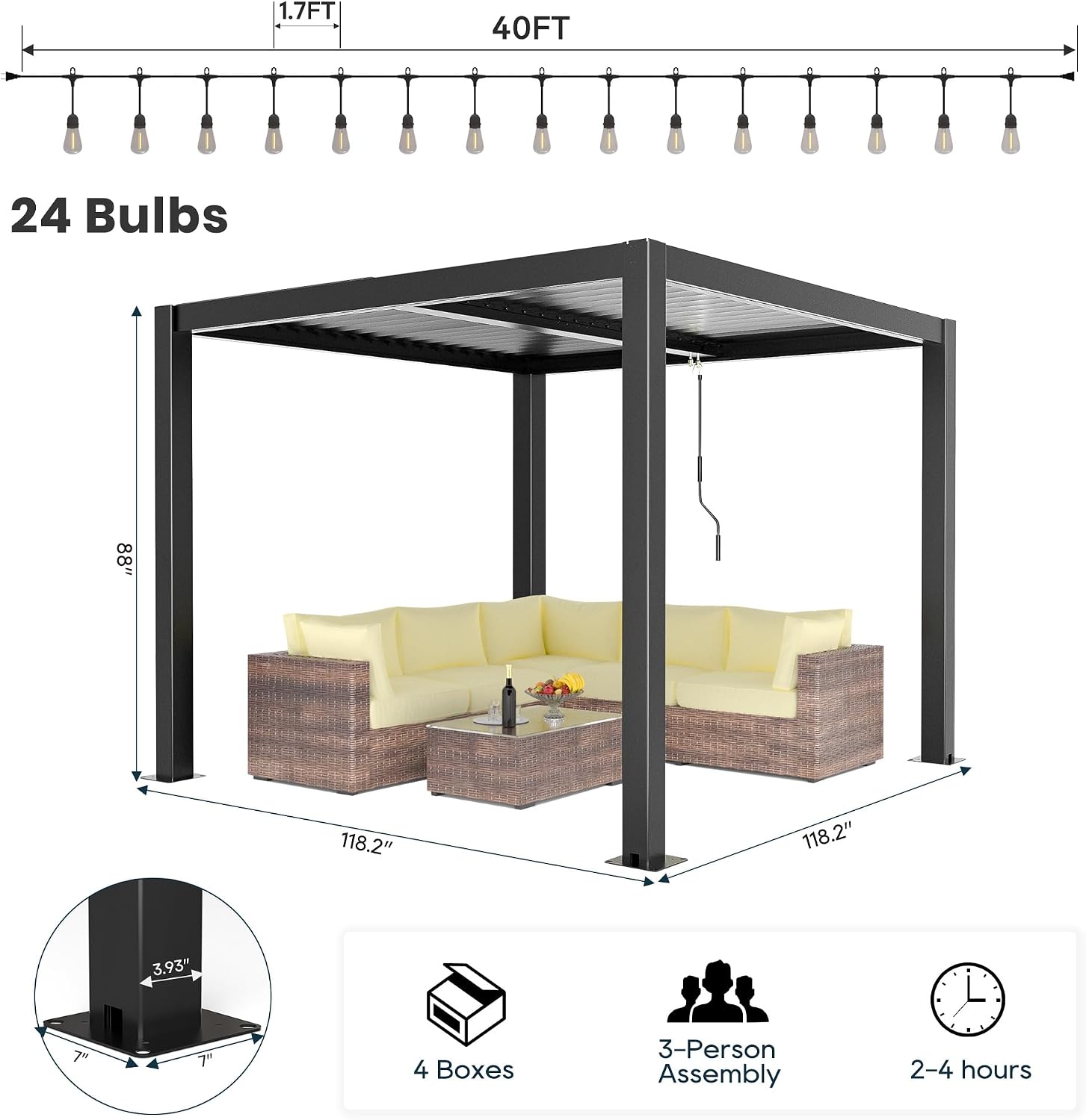 10'×10' Outdoor Louvered Pergola with Clear String Lights, Aluminum Outdoor Louvered Pergola Patio with Adjustable Roof for Outdoor Deck, Backyard, Garden (10x10FT with Light)