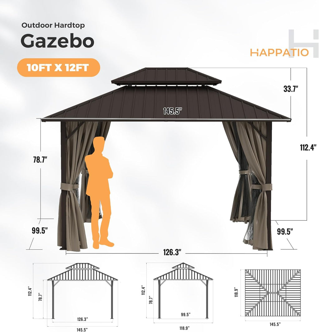 HAPPATIO 10'x12' Outdoor Gazebo with Hardtop Roof, Double Galvanized Steel Roof Canopy with Aluminum Frame, Curtains and Netting for Patio, Backyard, Deck, Lawn, Easy Assembly (Brown)
