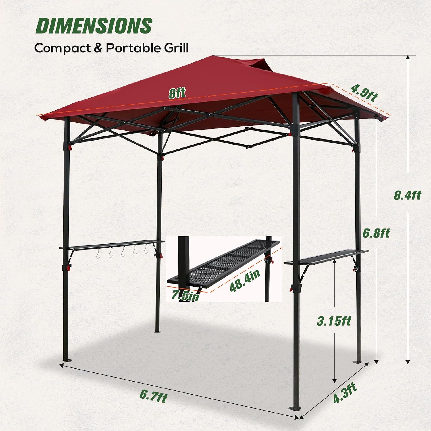COOS BAY 8x5 Pop Up Outdoor Grill Gazebo, Portable BBQ Grill with Carry Bag, Outdoor Barbecue Shelter with Side Shelves, Red
