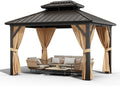 10X12 FT Outdoor Galvanised Steel Hardtop Gazebo, Heavy Duty Double Roof Outdoor Gazebo with Netting and Sunshade Curtains, Aluminium Framed Gazebo for Patio, Terrace, Lawn and Deck, Khaki