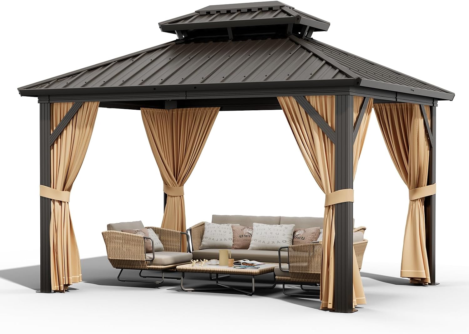 10X12 FT Outdoor Galvanised Steel Hardtop Gazebo, Heavy Duty Double Roof Outdoor Gazebo with Netting and Sunshade Curtains, Aluminium Framed Gazebo for Patio, Terrace, Lawn and Deck, Khaki