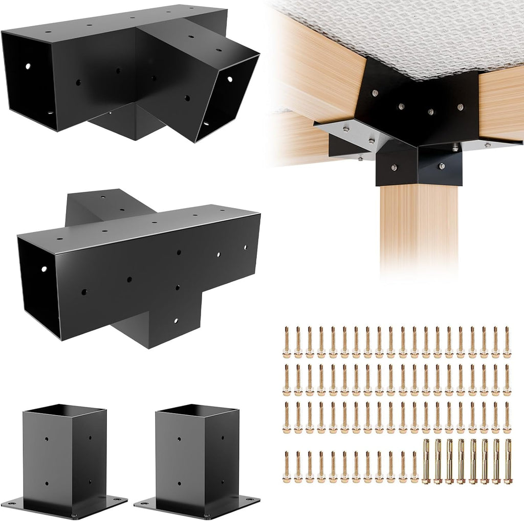 Pergola Kit, Slanted Roof Pergola Bracket, 4-Way Brackets with Post Base Kit, Log Cabin Outdoor 4'x 4' (Actual 3.5' X 3.5') Lumber