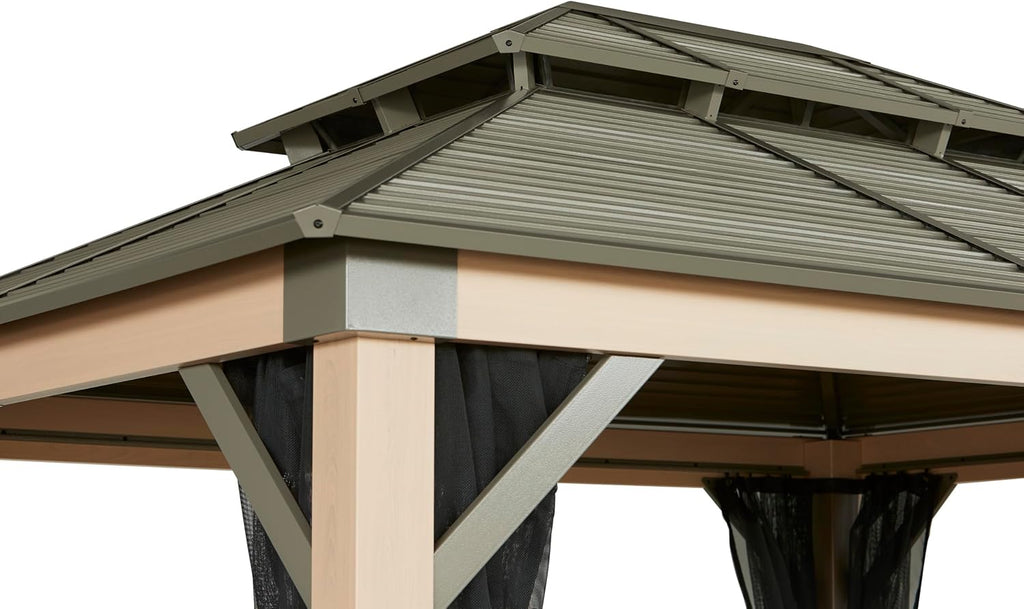 Tommy Bahama Edition Cove 10' x 12' Outdoor Hardtop Gazebo Pavilion for Backyard or Patio, Heavy-Duty Galvanized Steel Double Roof Gazebo, Wood Grain Finish
