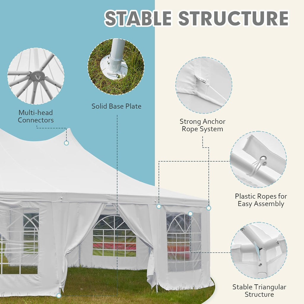 EROMMY 29x23ft Party Tent, White Wedding, Dodecagonal Heavy Duty Canopy with Removable Sidewalls, 10 Church Windows and 2 Pull-Back Doors, Outdoor Gazebo Pavilion Shelter, White