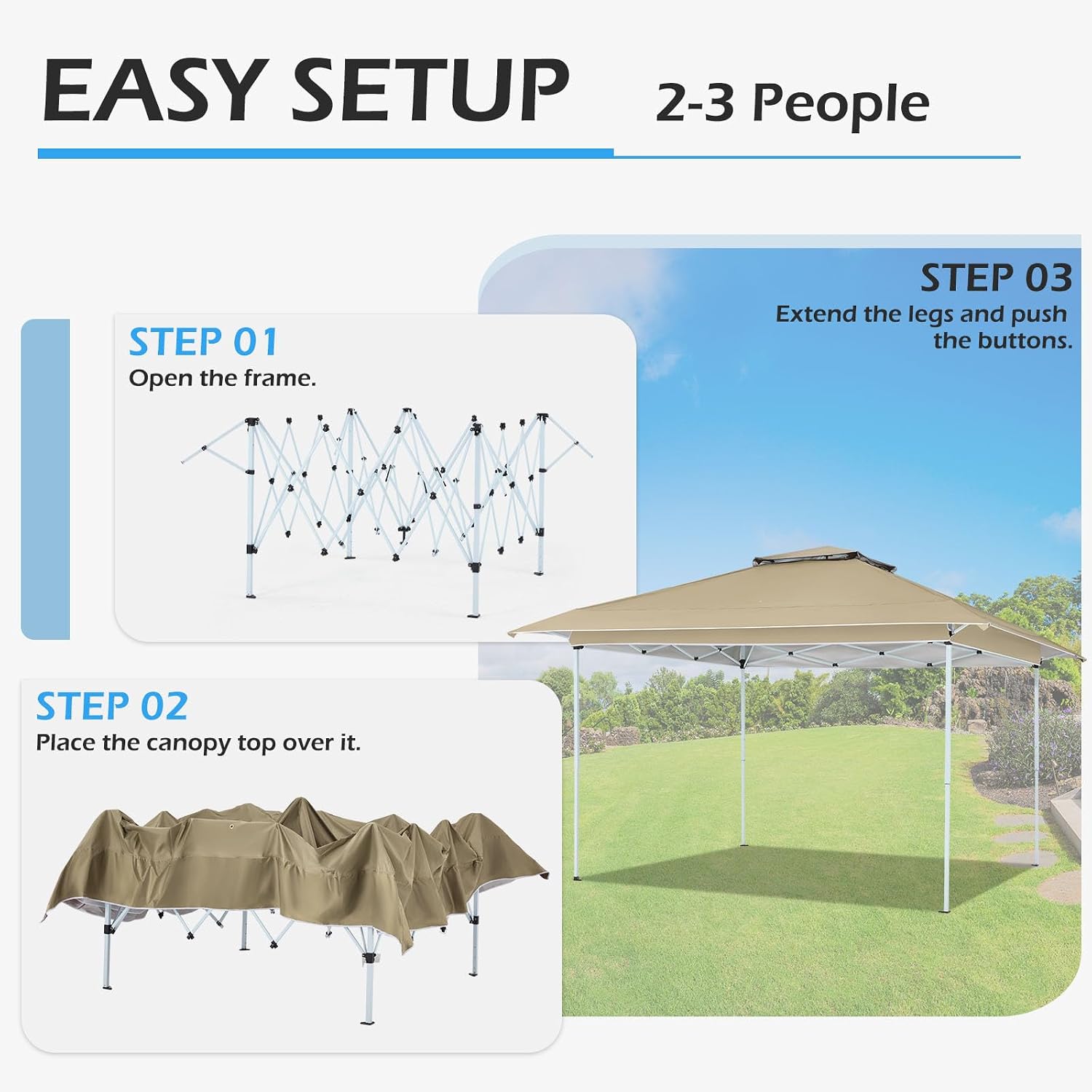 ECOTOUGE 12FT Pop Up Canopy Tent, Instant Shelter Gazebo, Carrying Roller Bag, Waterproof & UV Resistant Party Tent for Patio, Grill and Backyard Furniture, Khaki