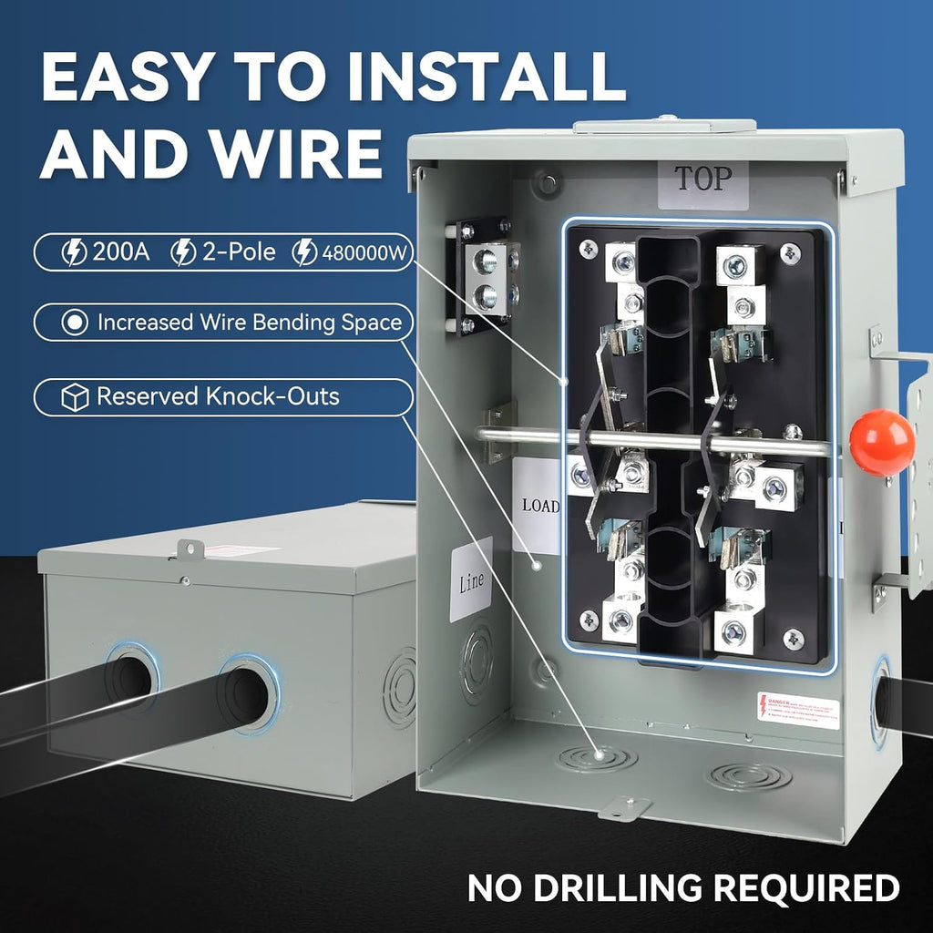 200 Amp Generator Transfer Switch Manual, 48000W General Duty Double Throw Switch, 120/240V, Stronger&Stability, Meeting NEMA 3R Standards for Outdoor and Indoor, Enlarged Enclosure for Easy Wiring