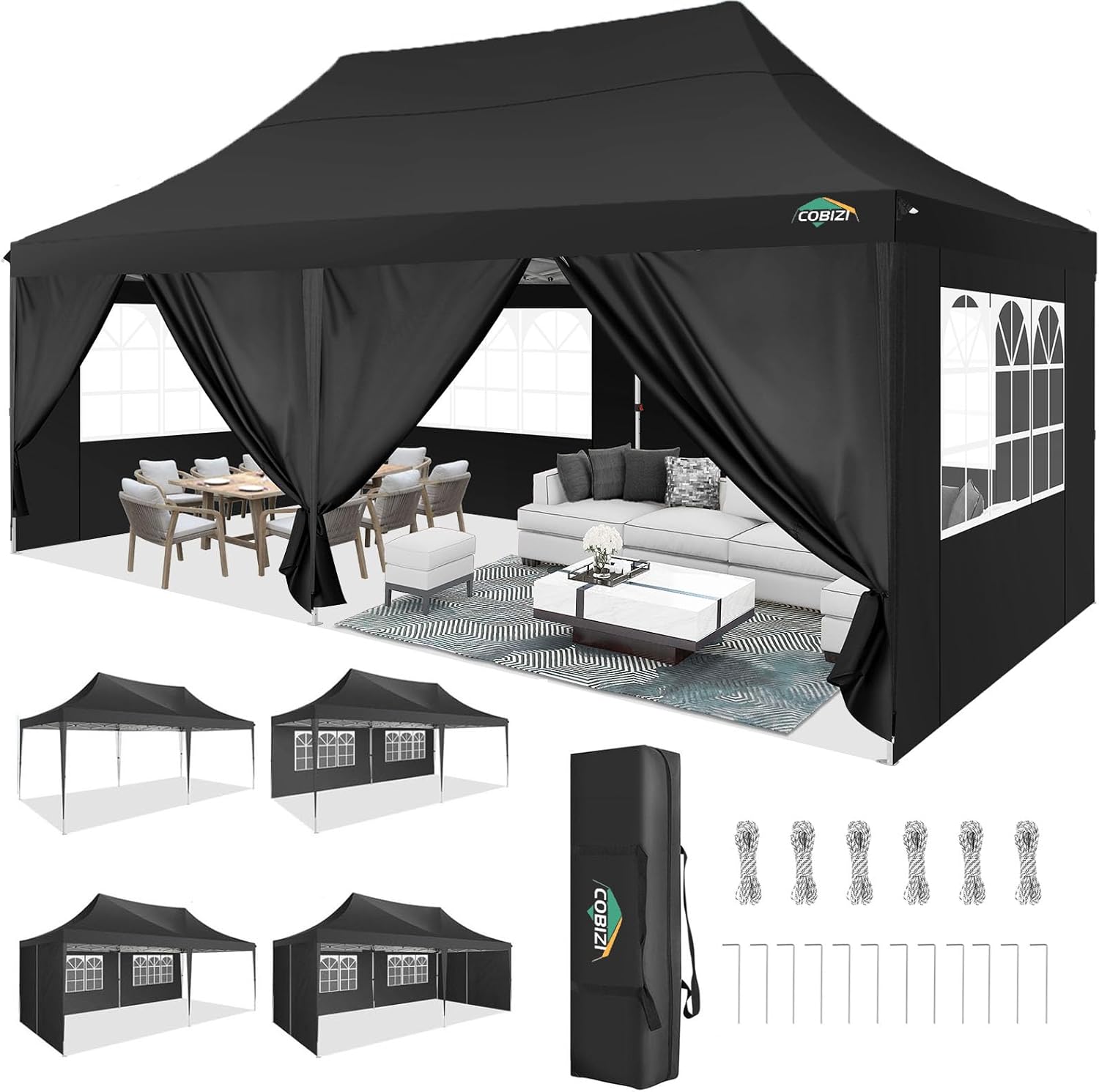 COBIZI 10x20 Pop Up Canopy with 6 Sidewall, Commercial Canopy UPF 50+ Waterproof Outdoor Gazebo with Carry Bag, Tents for Parties with Upgrade Frame, 3 Height Adjustable, Black