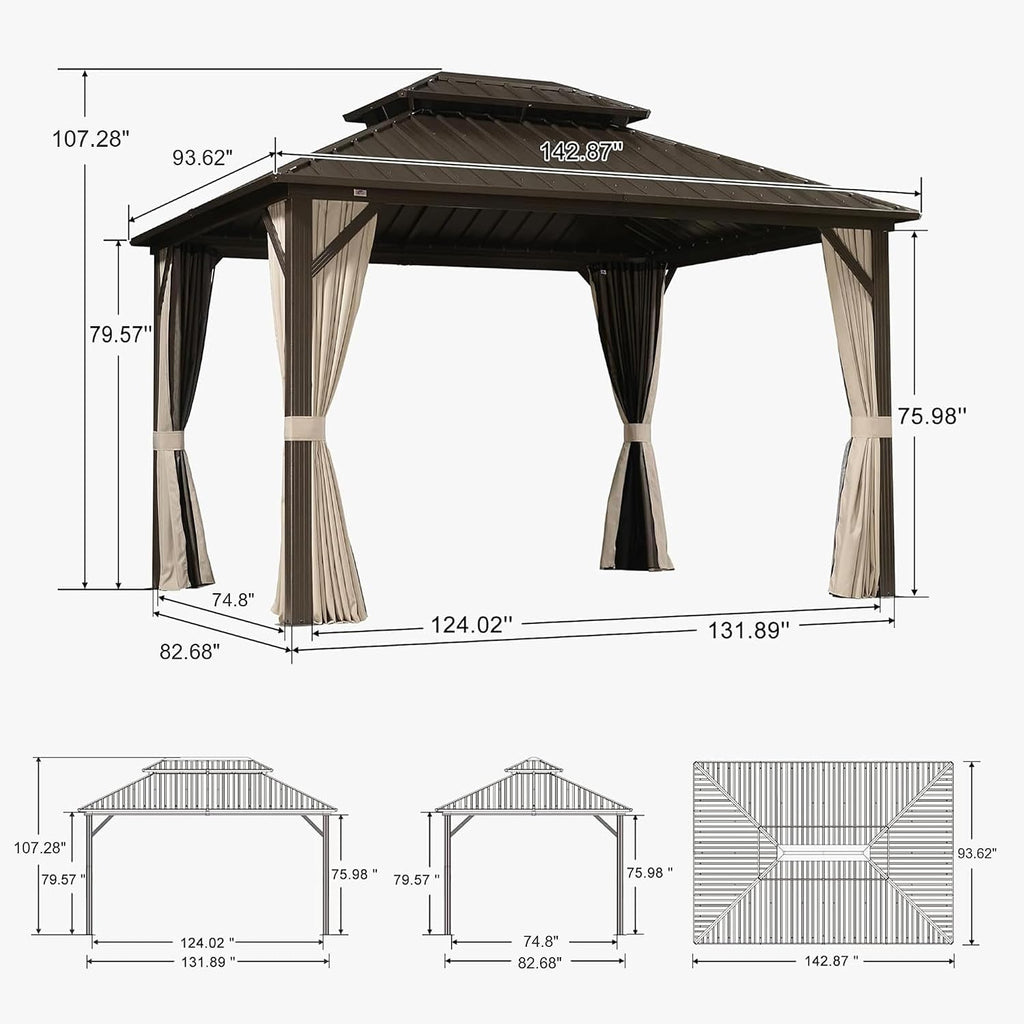 PURPLE LEAF 8' X 12' Outdoor Hardtop Gazebo Metal Frame Galvanized Steel Double Roof with Curtains and Nettings for Patio Desk Backyard Bronze