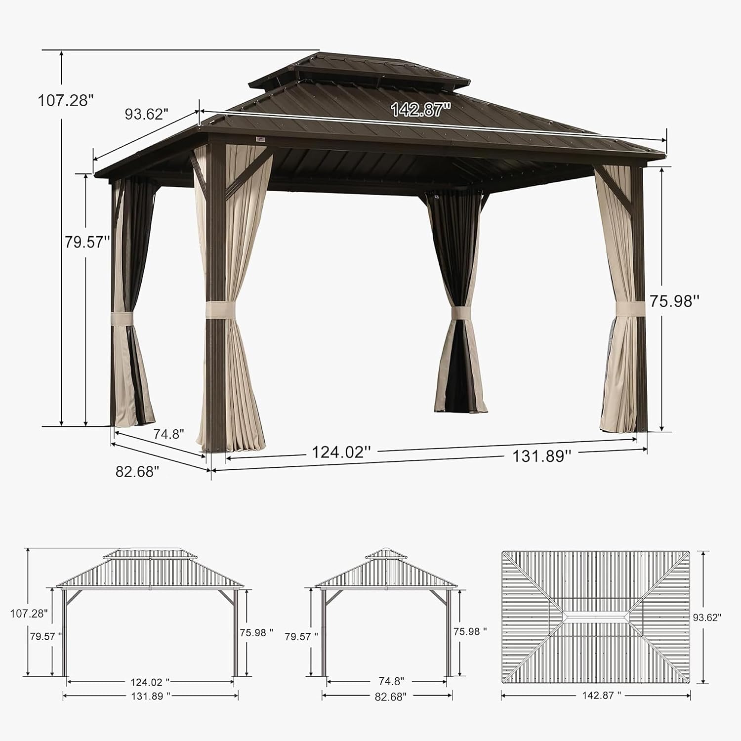 PURPLE LEAF 8' X 12' Outdoor Hardtop Gazebo Metal Frame Galvanized Steel Double Roof with Curtains and Nettings for Patio Desk Backyard Bronze
