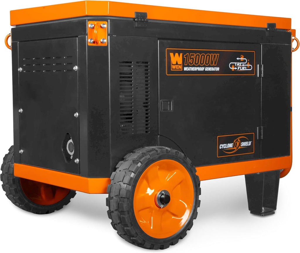 WEN 15000-Watt Weatherproof Home Backup Portable Generator, 120V/240V, Tri-Fuel with Cyclone Shield Weatherproofing Technology, 550cc Engine, Remote Electric Start, Wheel Kit, & CO Watchdog (TF1500XR)