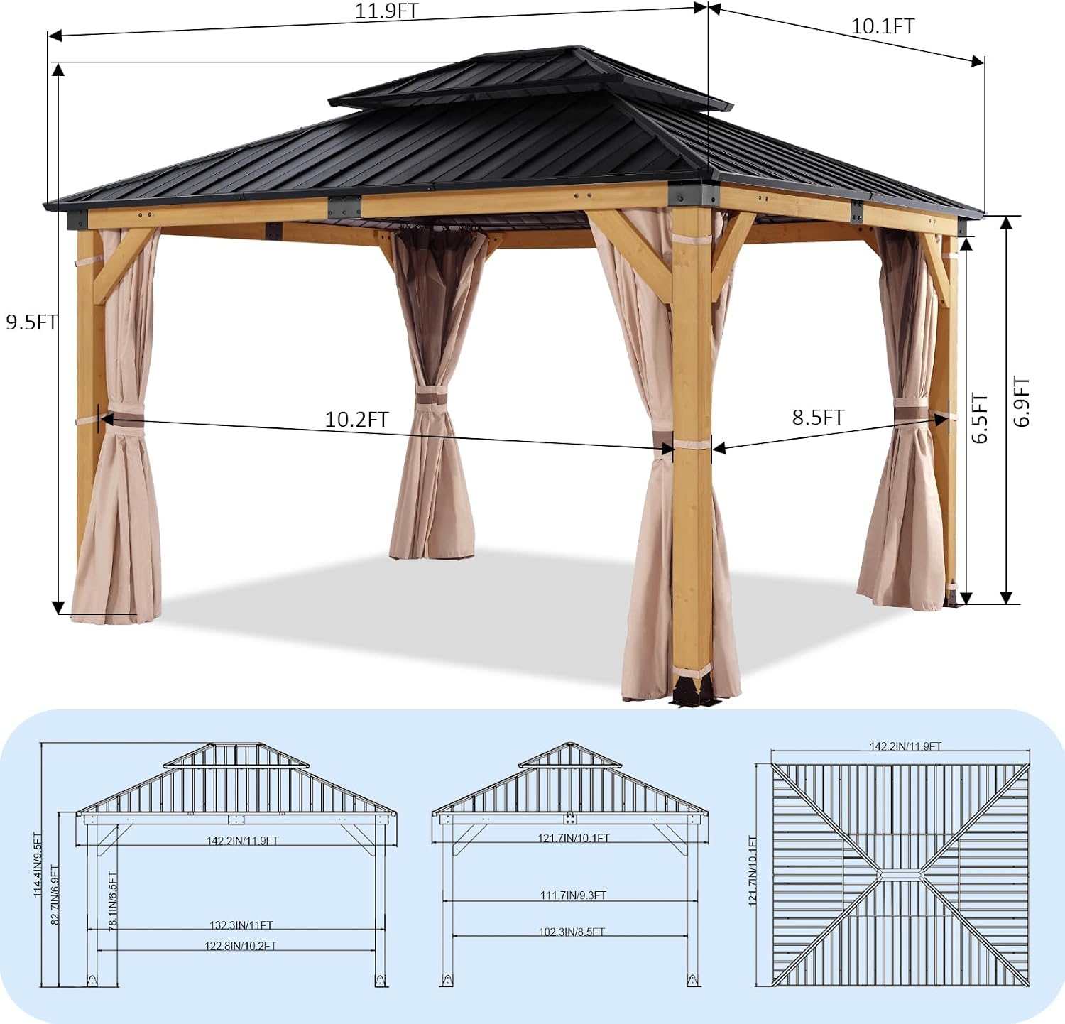10'x12' Wooden Hardtop Gazebo,Wood Heavy Duty Solid Cedar Gazebos with Mosquito Netting and Waterproof Curtains,Outdoor Metal Canopy for Deck Patio