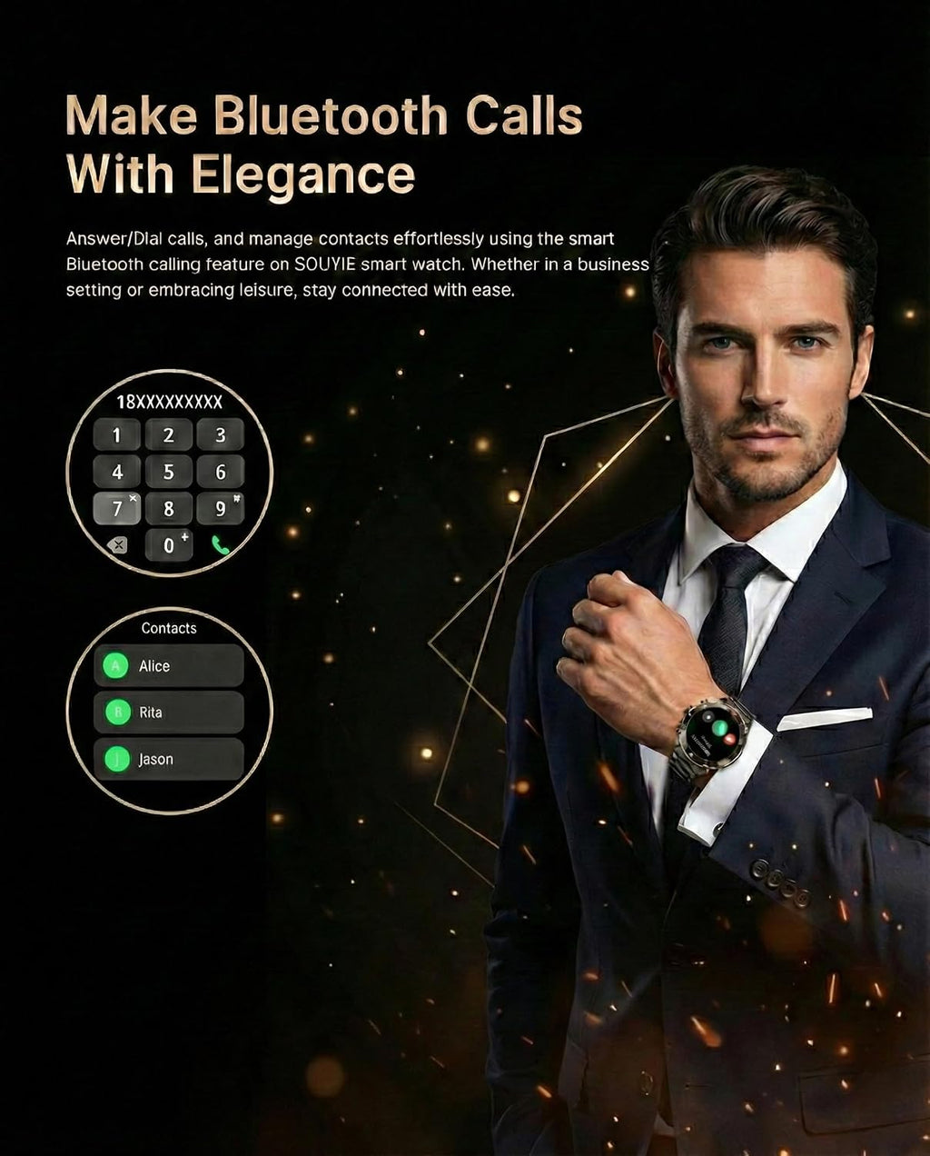 SOUYIE Men's Smart Watch with Bluetooth Call, 1.43' AMOLED Round Dial, Luxury Stainless Steel & Silicone Bands, Business Sport Fitness Tracker, Heart Rate/Blood Pressure/Sleep Monitor for iOS Android