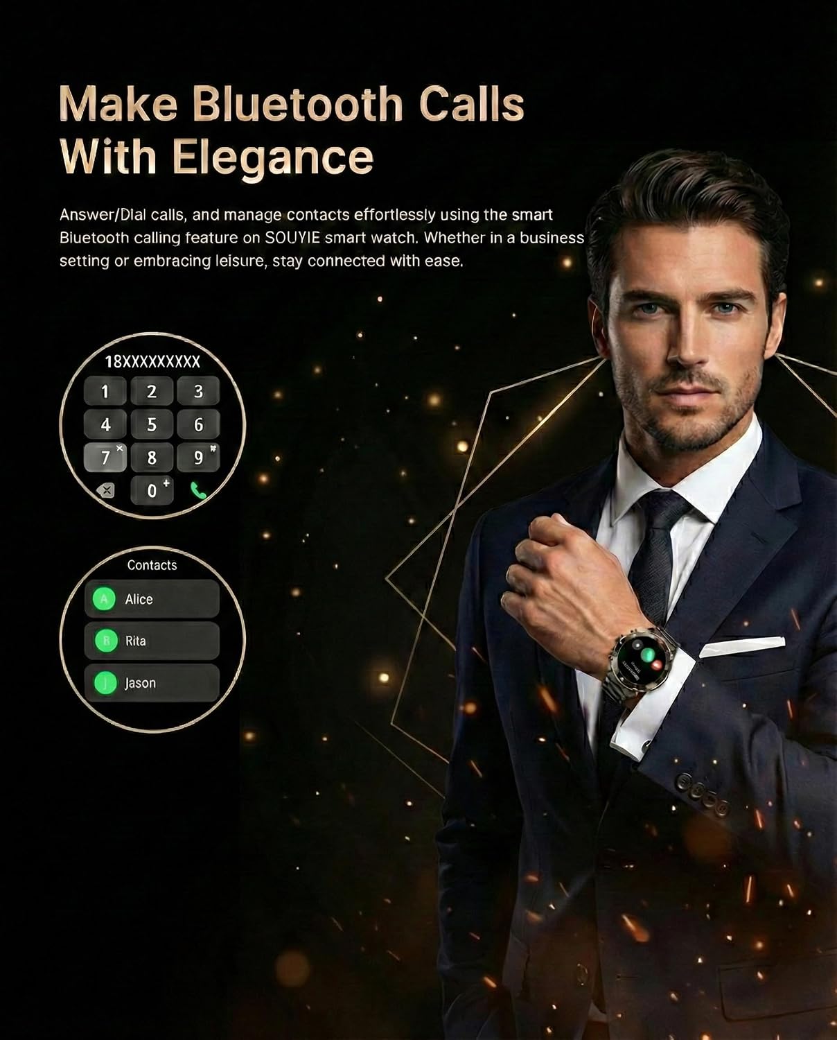 SOUYIE Men's Smart Watch with Bluetooth Call, 1.43' AMOLED Round Dial, Luxury Stainless Steel & Silicone Bands, Business Sport Fitness Tracker, Heart Rate/Blood Pressure/Sleep Monitor for iOS Android