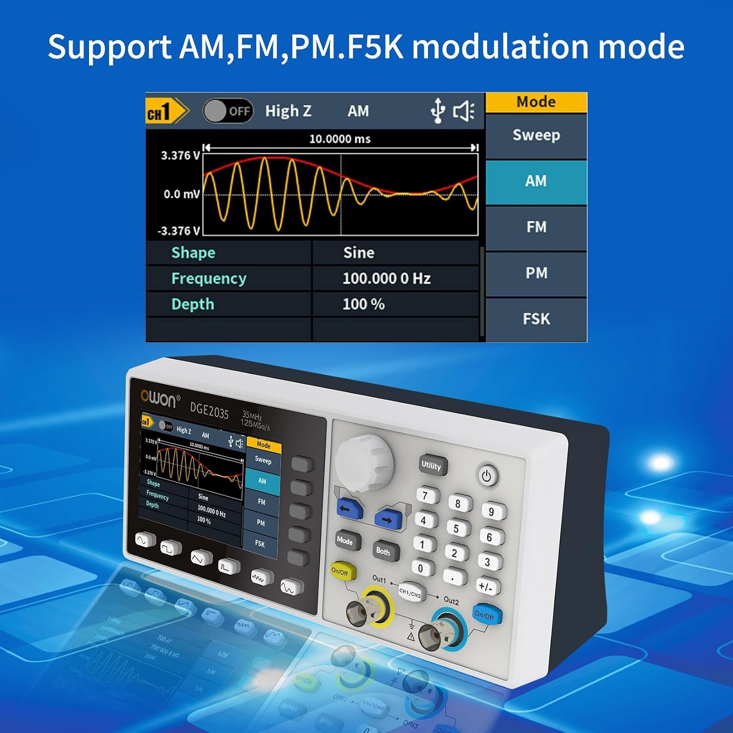 OWON DGE2035 Dual-Channel Arbitrary Waveform Generator, 35MHz Function Generator, 125MSa/s Sampling Rate, 14-bit Resolution, 3.6' TFT LCD, Signal Generator with AM/FM/FSK Modulation, PC Control