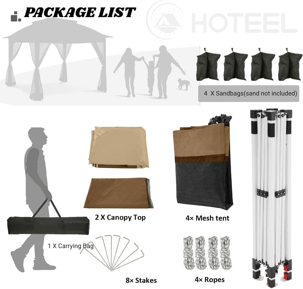 COBIZI 12x12 Pop Up Gazebo On Clearance Canopy Tent- Upgrade Metal Outdoor Canopy Waterproof - Portable Gazebo with Mosquito Nettings, 4 Ropes 8 Stakes and Carry Bag for Patio Garden(Coffee)