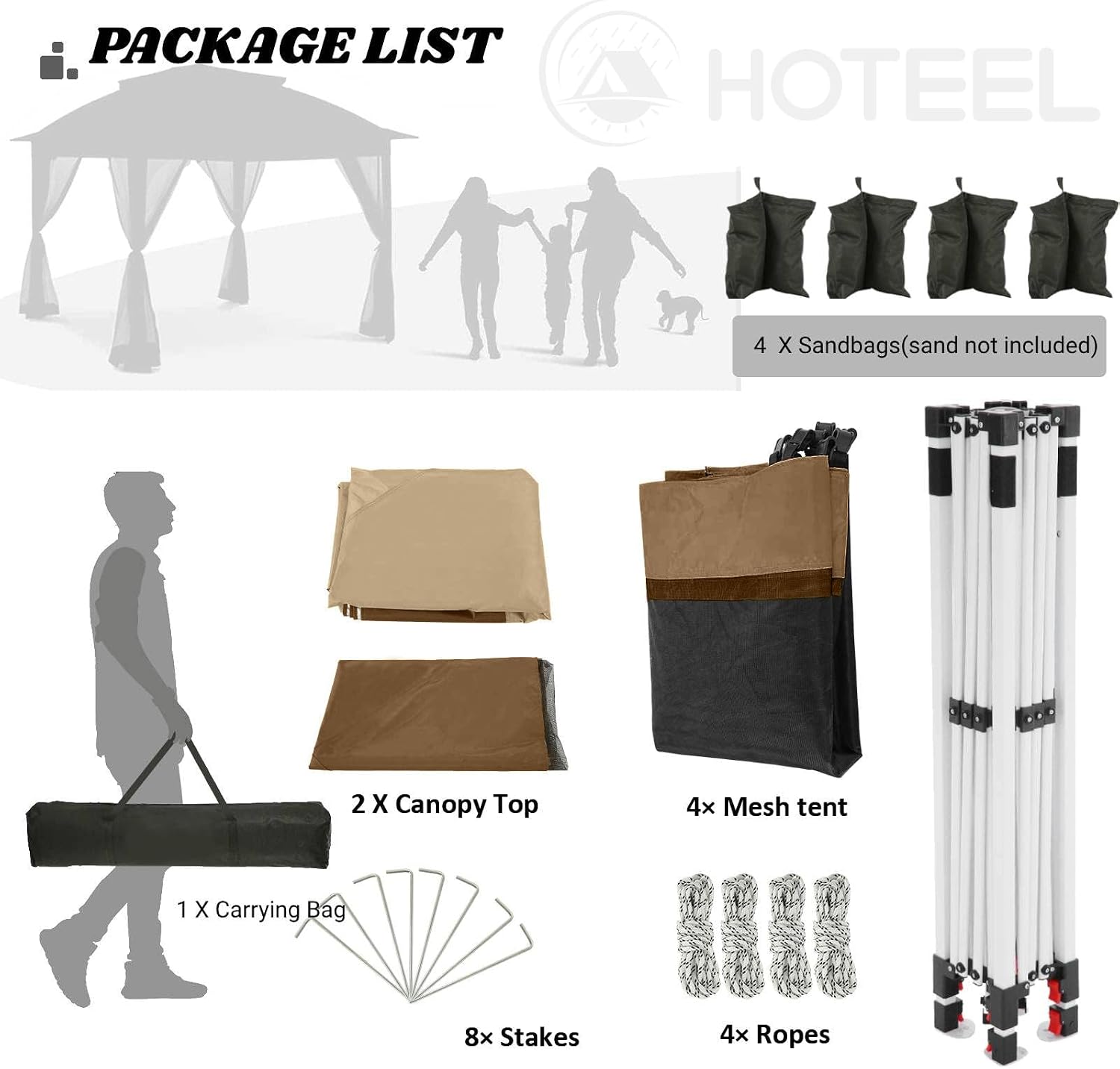 COBIZI 12x12 Pop Up Gazebo On Clearance Canopy Tent- Upgrade Metal Outdoor Canopy Waterproof - Portable Gazebo with Mosquito Nettings, 4 Ropes 8 Stakes and Carry Bag for Patio Garden(Coffee)