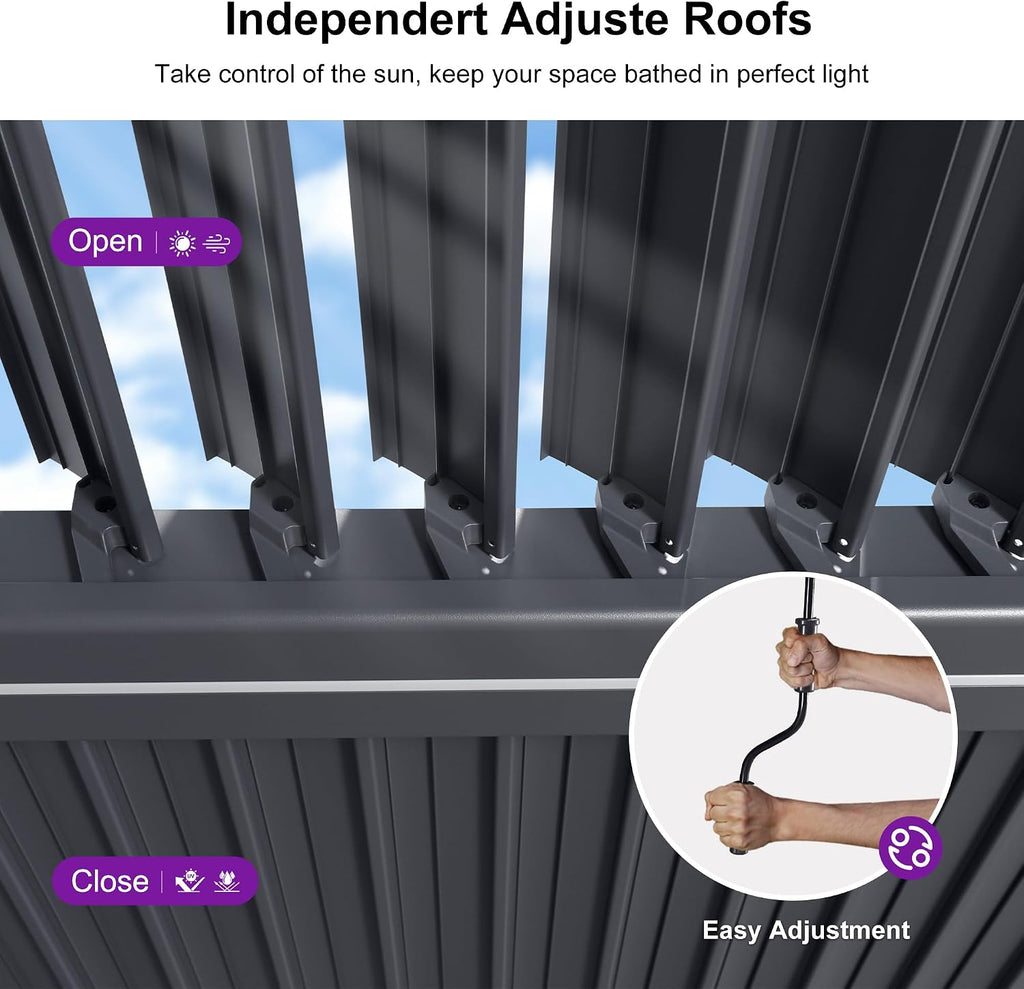 PURPLE LEAF Louvered Pergola with Strip Lights 92KS 10' x 16' Integrated Tunable Solar LED Independently Adjustable Aluminum Roof Outdoor Pergolas for Patio Garden Yard Gray