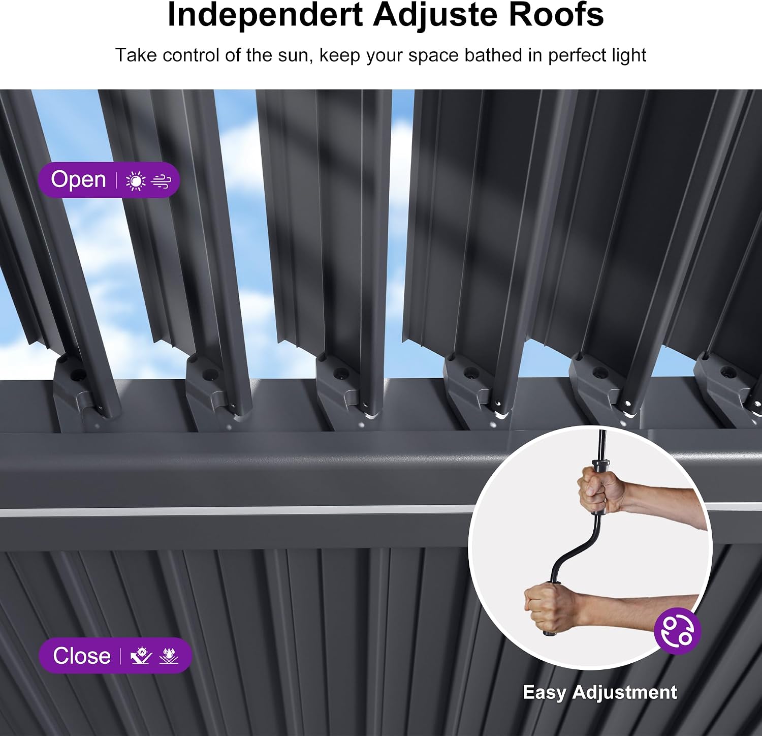 PURPLE LEAF LED Louvered Pergola 92KS 11.5' x 17.5' with Integrated Strip Lights Aluminum Independent Adjustable Rainproof Roof Hardtop Gazebo for Patio Deck Garden Yard Gray