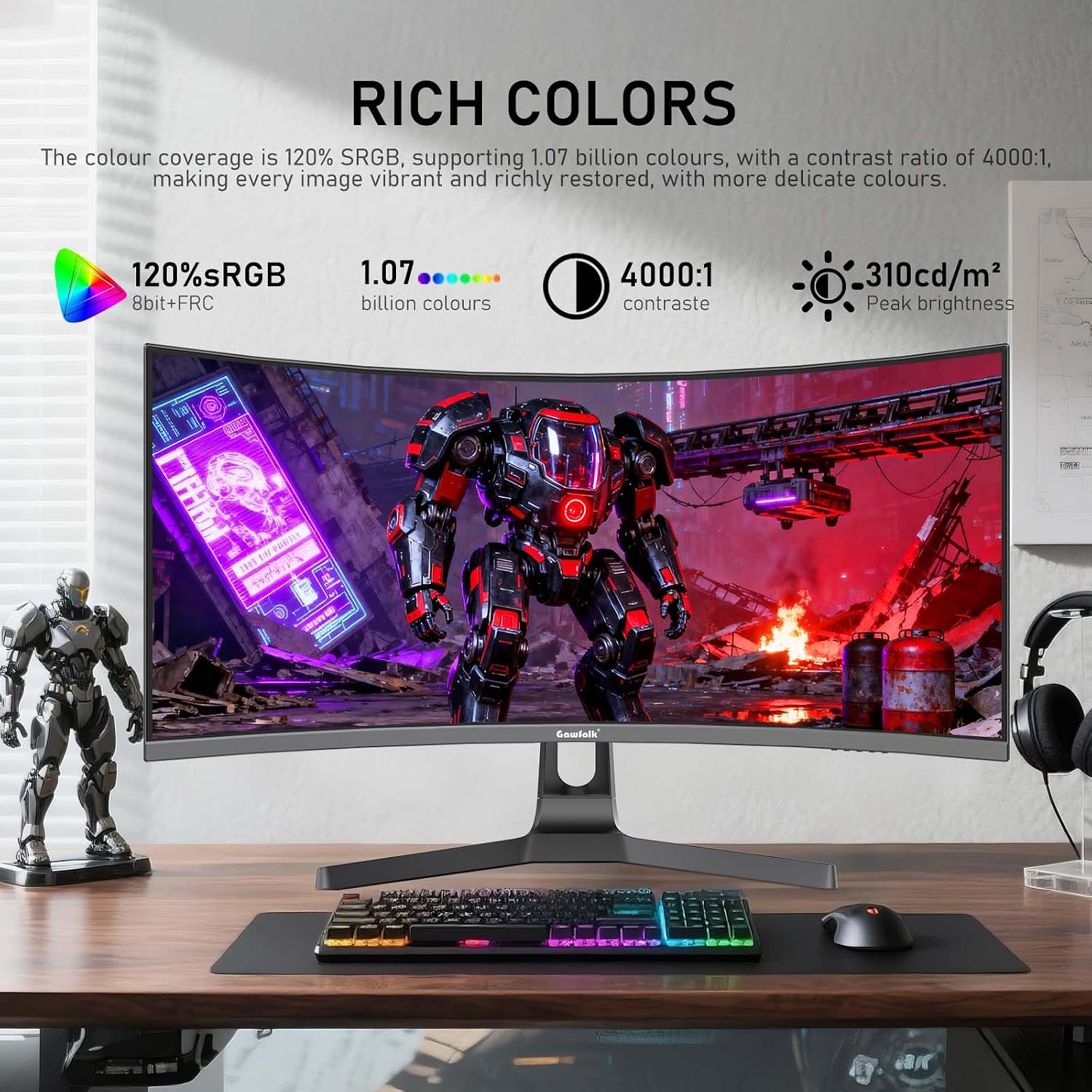 Gawfolk 34 Inch Ultrawide Curved 180Hz Gaming Computer Monitor,1500R PC Screen 21:9 UWQHD (3440x1440),120% sRGB,Adaptive Sync,178° Viewing Angle,Display Port、HDMI,Compatible with Wall mounting -Black