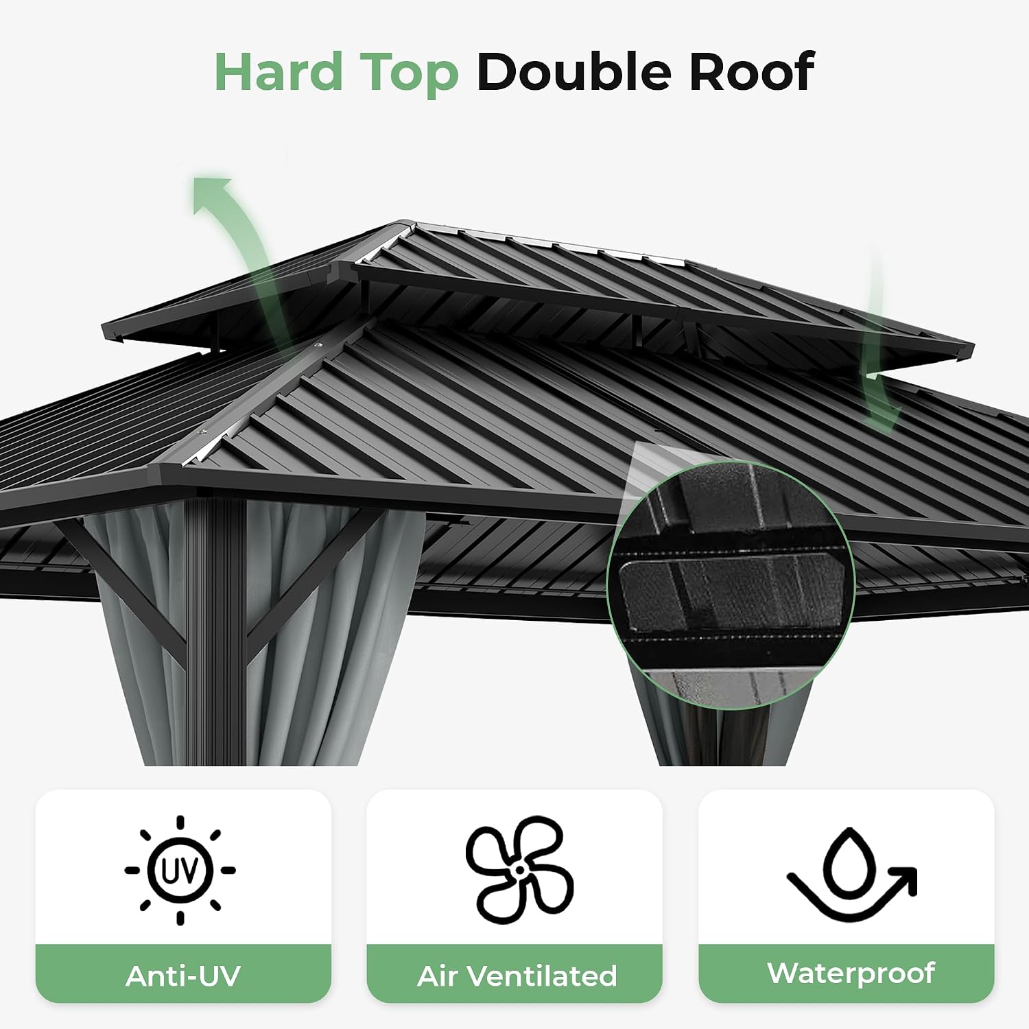 12' x 16' Hardtop Gazebo, Aluminum Frame with Double Galvanized Steel Roof,Permanent Outdoor Gazebo with Netting and Curtains for Backyard, Garden, or Deck, Gray