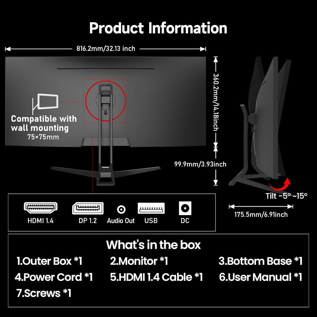 Gawfolk Gaming Monitor 34 inch IPS 120Hz, Ultrawide PC Screen 2560×1080P Ultra-Thin Zero Frame Computer Display for Home Office Business, DP, HDMI, Wall-Mounted, Black