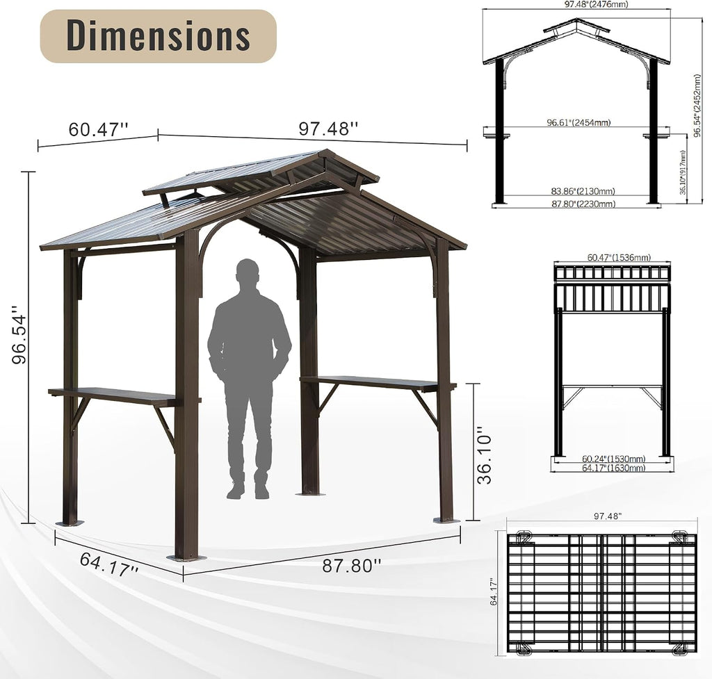 Domi 8x5FT Hardtop Grill Gazebo, Outdoor BBQ Gazebo with 2 Side Shelves and Ceiling Hook, Metal Grill Canopy with Galvanized Steel Double Roof for Patio Lawn Patio Backyard Deck, Brown