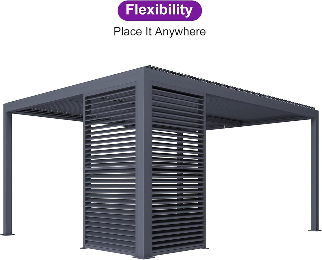 PURPLE LEAF Louvered Pergola 94AS 12' x 14' Outdoor Aluminum Pergola with Fixed Shutter Wall Adjustable Roof for Deck Backyard Grey Hardtop Gazebo, 1 Long Side