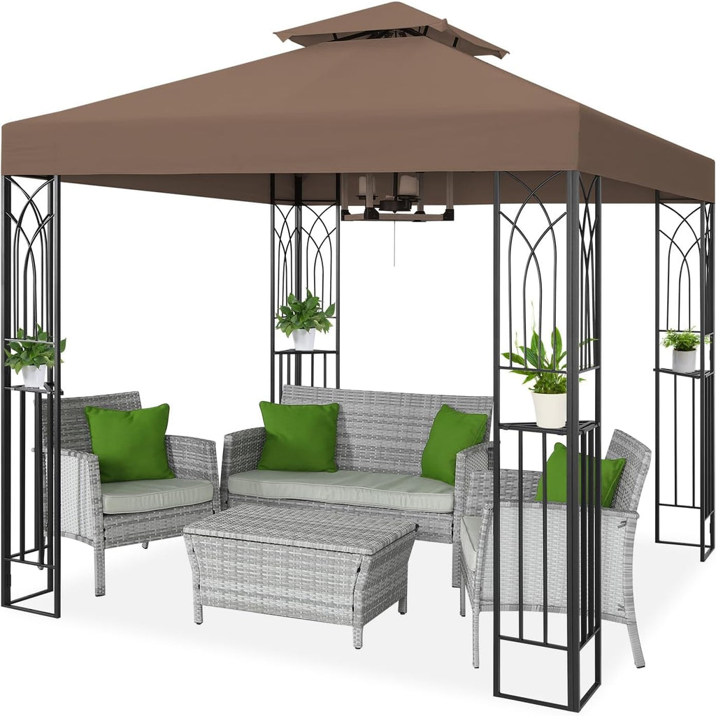 COOS BAY 8x8 Patio Gazebo with Corner Shelves, Two Tier Soft Top Canopy with UV Protection for Backyard, Garden, Lawn, Outdoor Events, Brown