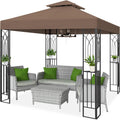 COOS BAY 8x8 Patio Gazebo with Corner Shelves, Two Tier Soft Top Canopy with UV Protection for Backyard, Garden, Lawn, Outdoor Events, Brown