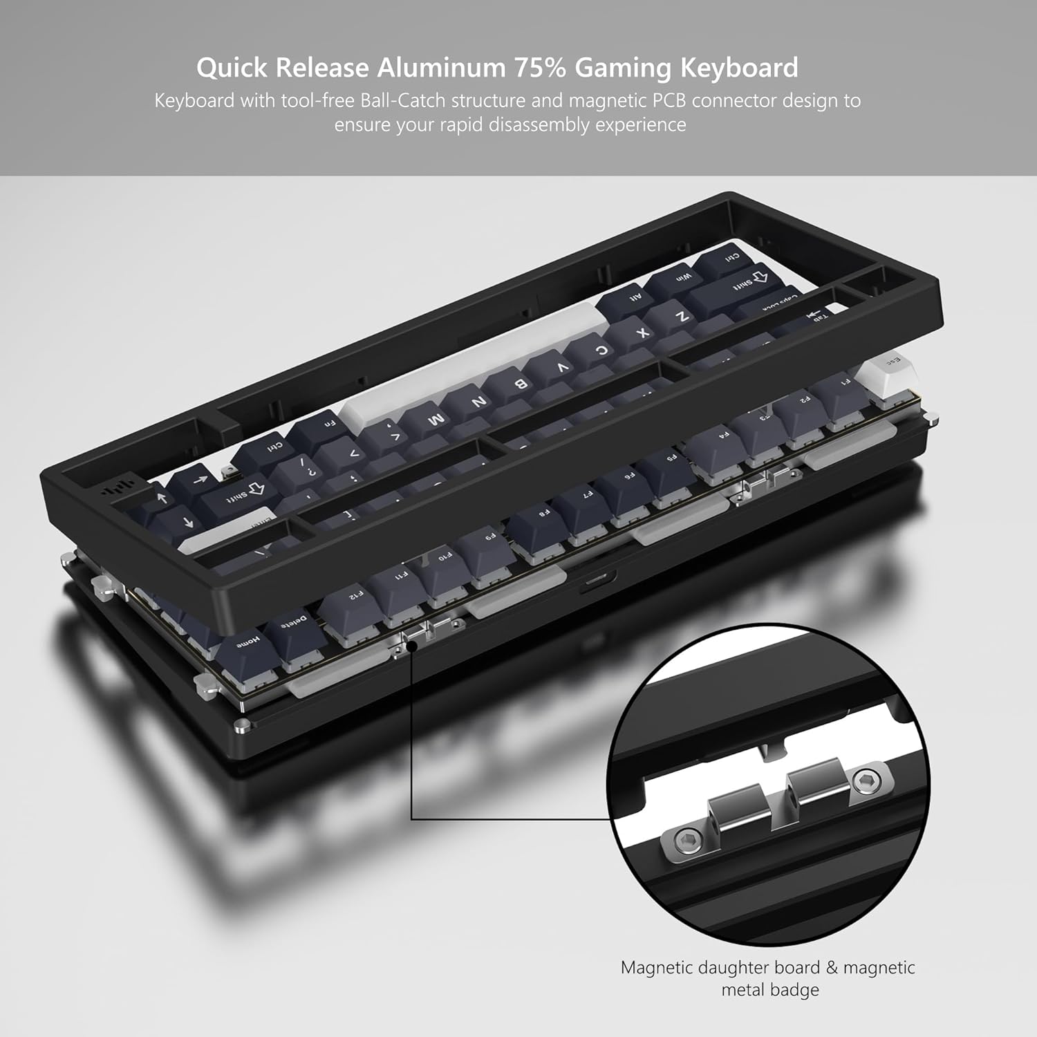 Womier RD75 Pro 75% Wireless Gaming Keyboard, Quick Release Aluminum Keyboard, QMK/VIA Tri-Mode Mechanical Key Board Custom Hot Swappable with RGB Creamy for Windows/Mac/PC (Black)