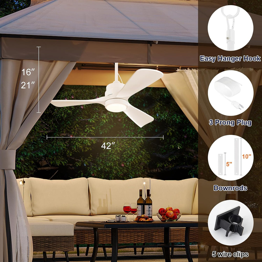 42 inch Gazebo Ceiling Fans Outdoor Hanging Waterproof, Wet Rated Oudoor Ceiling Fans for Patios with Light, 6 Speed Remote, Plug in Cord Outlet Hook for Outside Porch, Pergola, Garage-White