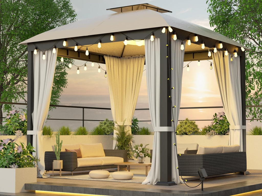 Patio Gazebo 10x10, Outdoor Gazebos, Heavy Duty Gazebo Soft Top Gazebos, Double Roofs Anti-UV Shelter with Privacy Curtains and Netting for Patio Deck Backyard Garden Lawns