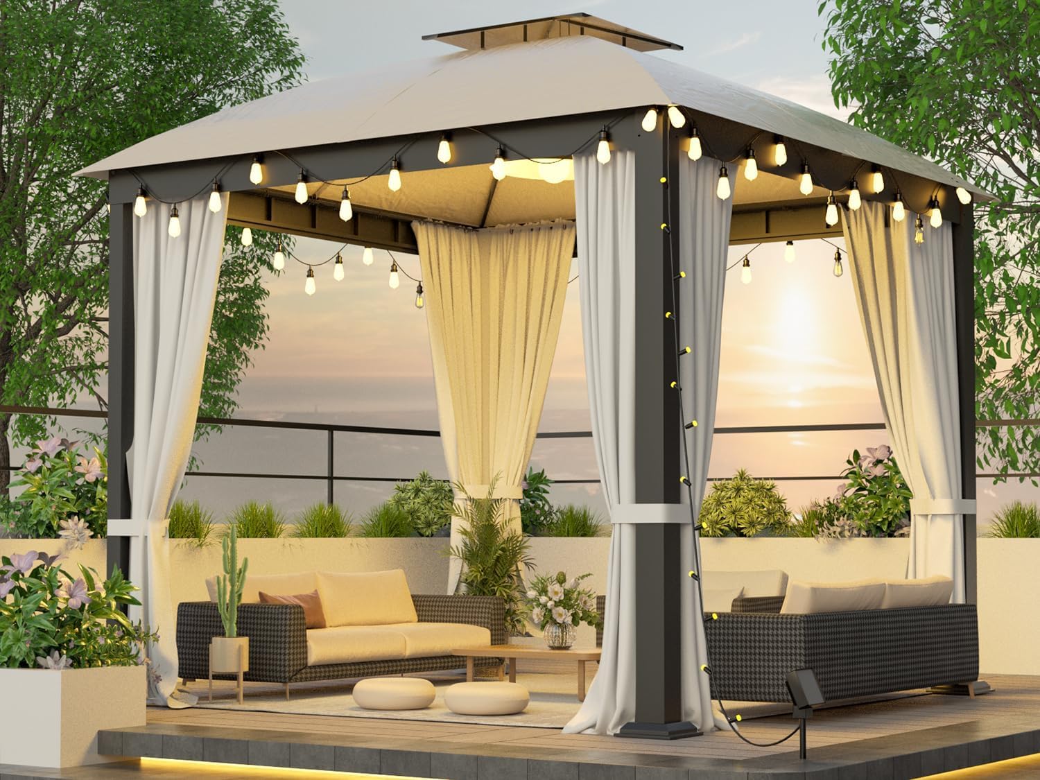Patio Gazebo 10x10, Outdoor Gazebos, Heavy Duty Gazebo Soft Top Gazebos, Double Roofs Anti-UV Shelter with Privacy Curtains and Netting for Patio Deck Backyard Garden Lawns