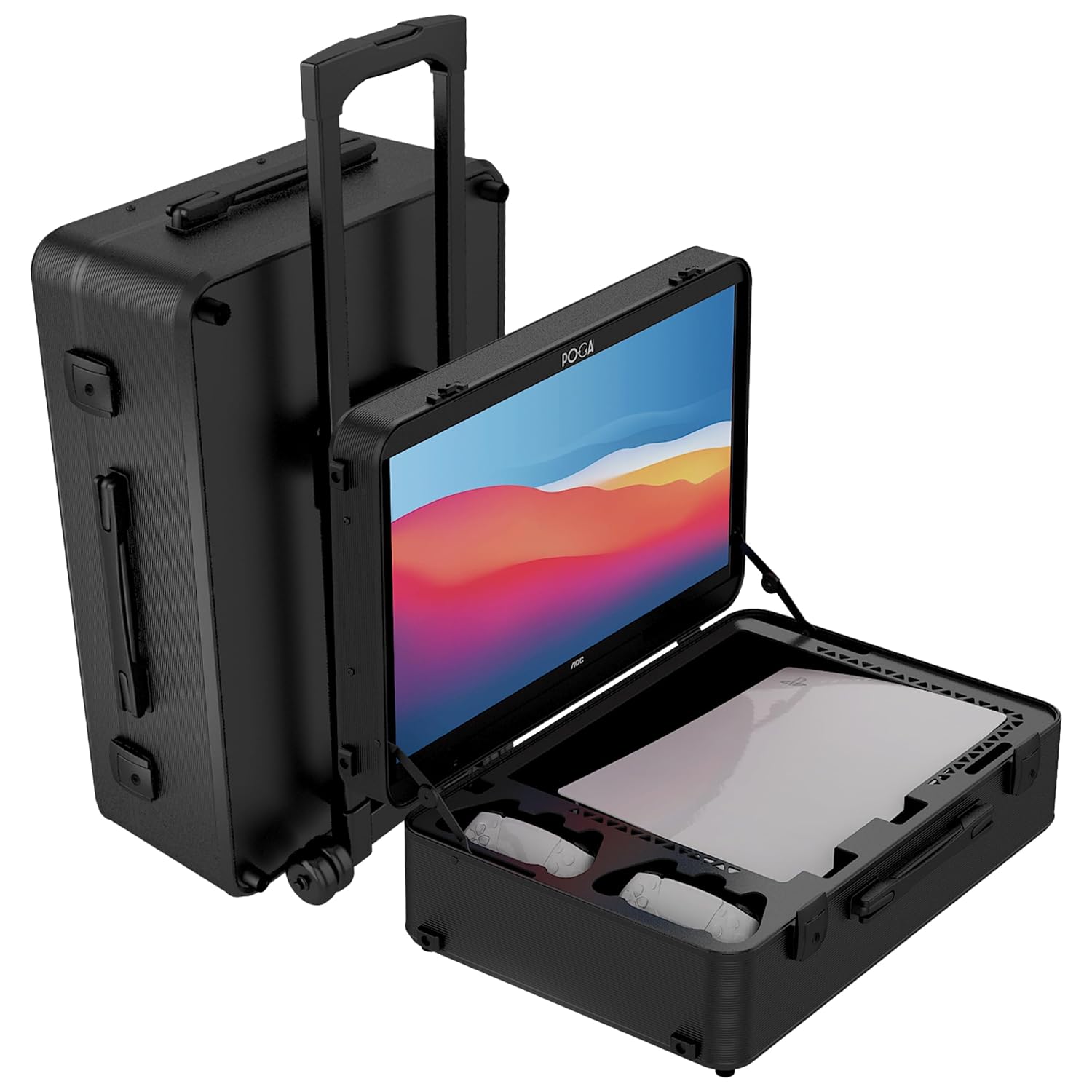 POGA LUX Compatible with PlayStation 5 Premium Portable Console Travel Case incl. Trolley and 24'' AOC Gaming Monitor - (V3 - Bluetooth Speaker Optional) Black
