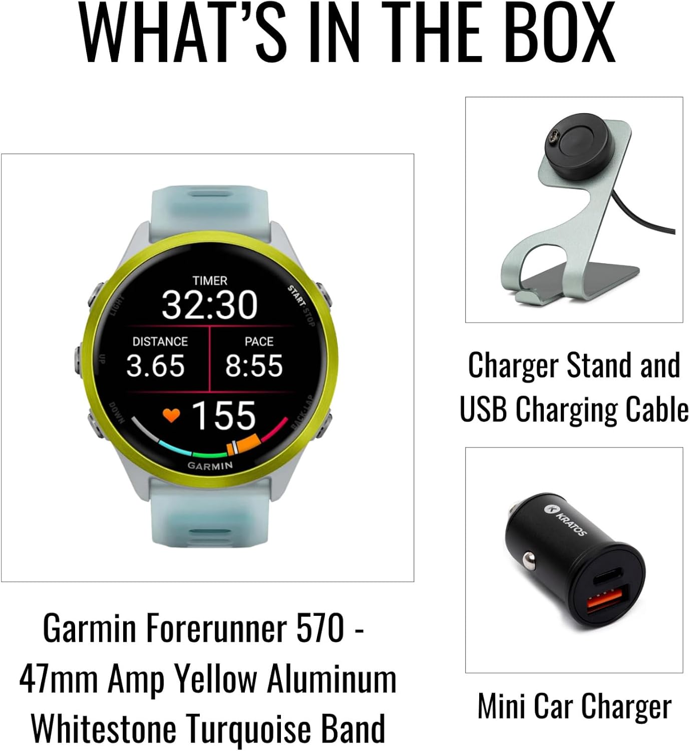 Garmin Forerunner 570 47mm GPS Running Smartwatch (Amp Yellow/Whitestone Turquoise) Bundle with Stand, Charging Cable and Car Charger (3 Items)
