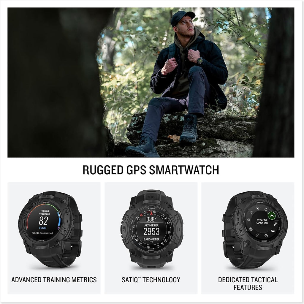 PlayBetter Garmin Instinct 3 AMOLED Tactical 50mm (Black) Rugged Outdoor GPS Smartwatch Gift Box Bundle - Built-in Flashlight HD Screen Protectors, Wall Adapter & Case