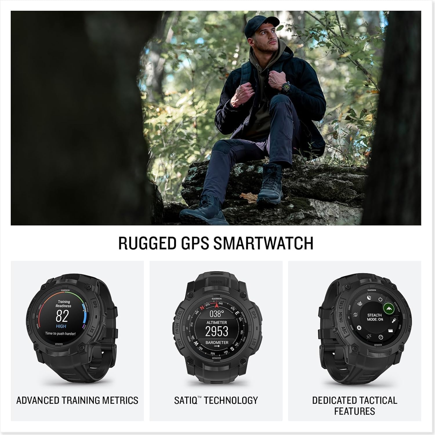 PlayBetter Garmin Instinct 3 AMOLED Tactical 50mm (Black) Rugged Outdoor GPS Smartwatch Gift Box Bundle - Built-in Flashlight HD Screen Protectors, Wall Adapter & Case